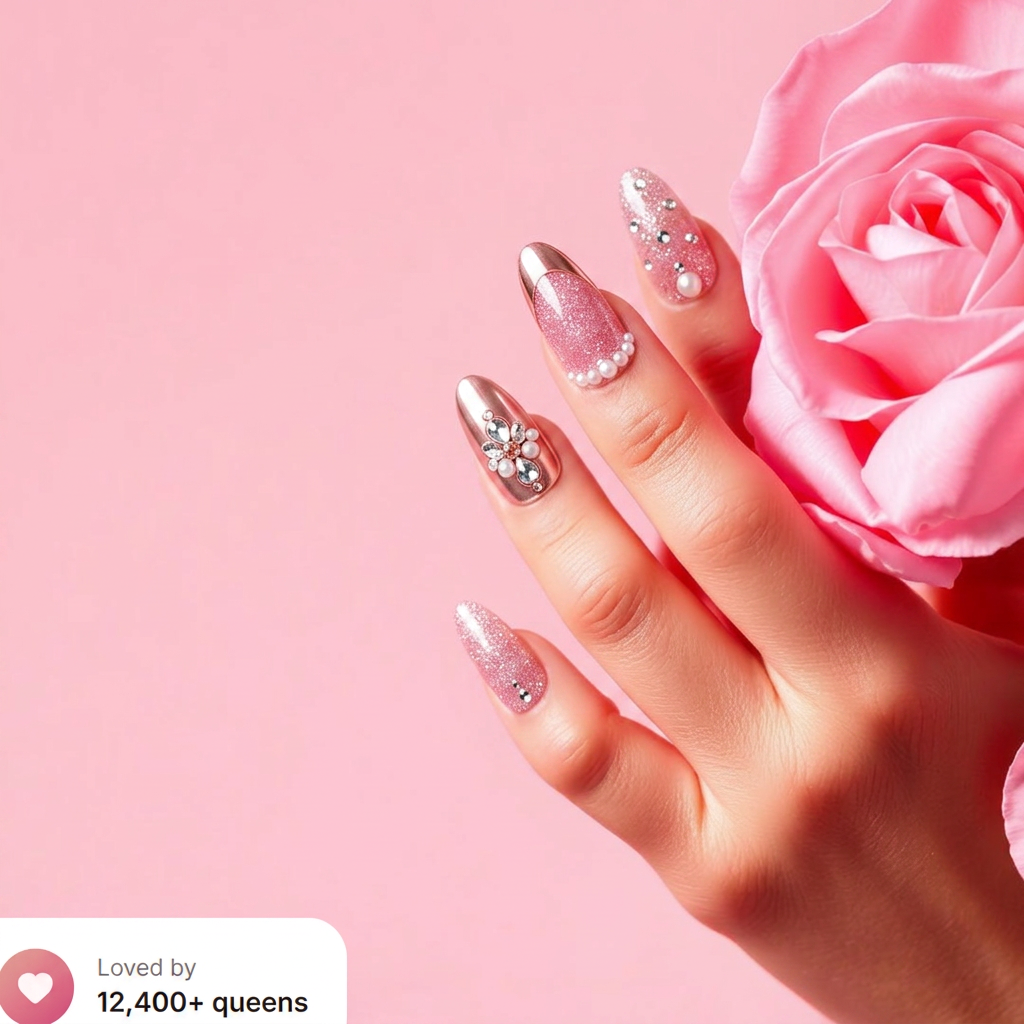 Glamorous pink and rose gold manicure
